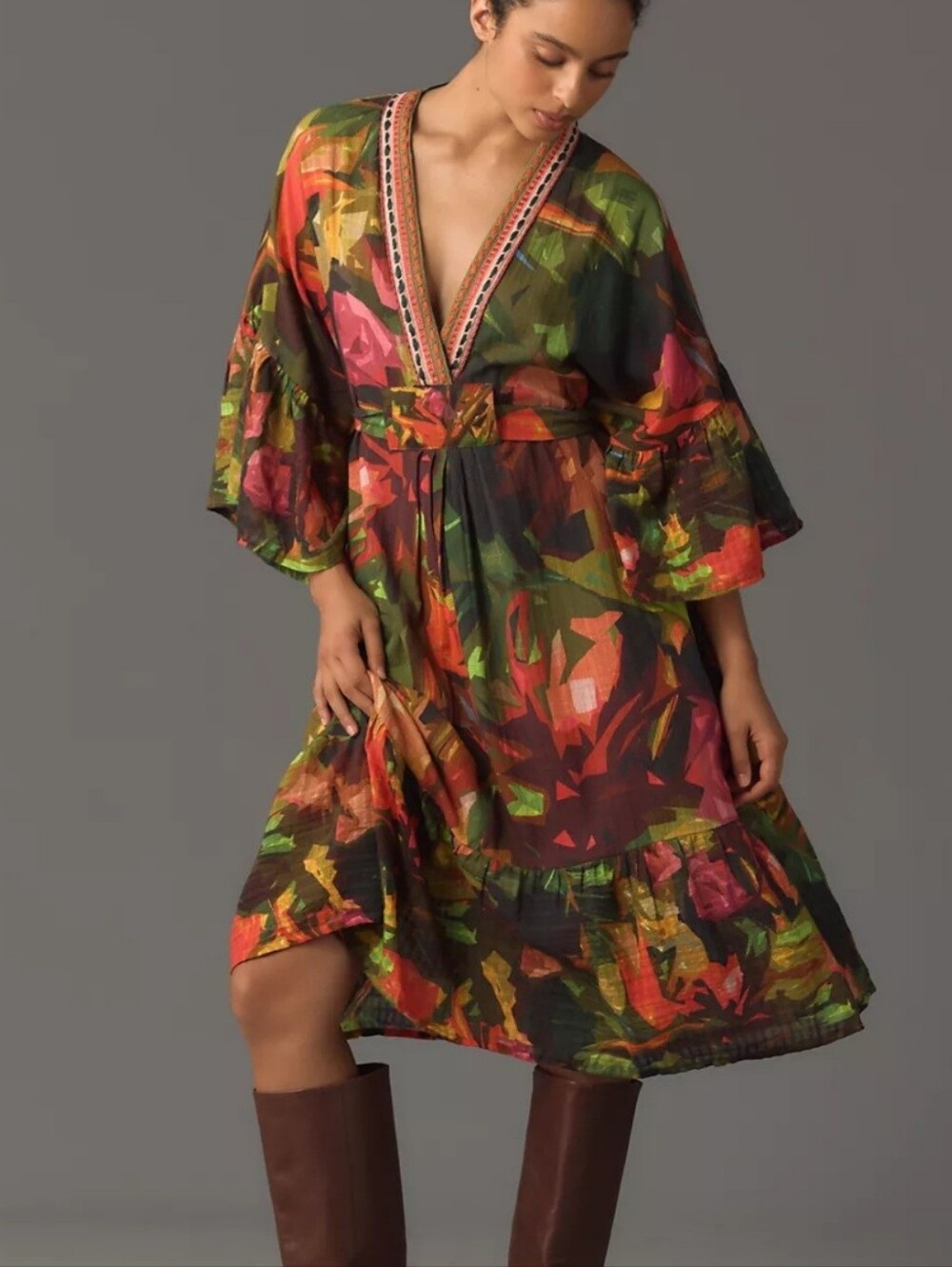 Anthropologie "Conditions Apply" Floral Kaftan Boho Midi Dress One Size OS